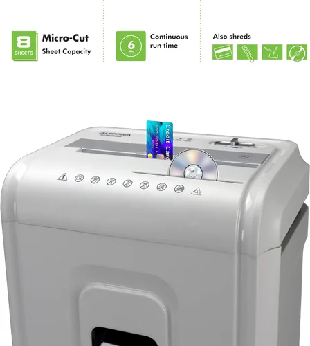 Vista 2 de Aurora Trituradora de alta seguridad de 8 hojas con microcorte para papel, CD/DVD y tarjetas de crédito, Blanco/Gris