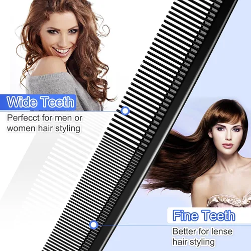 Vista 3 de Peine profesional de 3 piezas, juego de peine de fibra de carbono negro premium para cortar y peinar, peines de peluquería de dientes finos y anchos