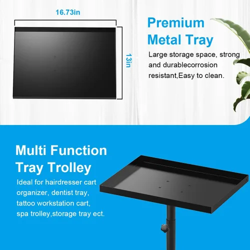 Vista 2 de Bandeja de salón Carrito de metal premium para tatuajes, carrito rodante de altura ajustable, carrito de almacenamiento para clínica Spa bandeja