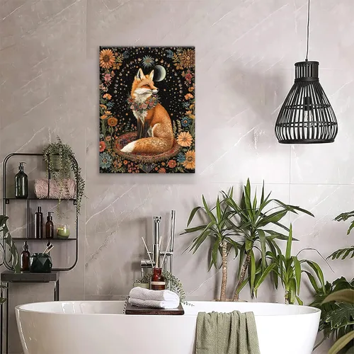 Vista 7 de Lienzo decorativo para pared, diseño de zorro, diseño bohemio de animales para cocina, sala de estar, dormitorio, baño, oficina, zorros, pintura