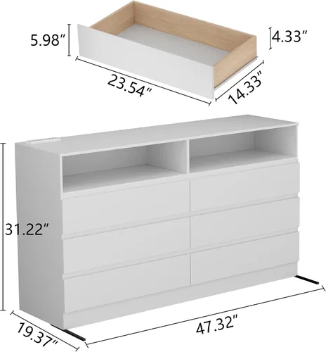 Vista 2 de Gyfimoie - Cómoda blanca de 6 cajones para dormitorio con toma de corriente Blanco
