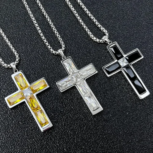 Vista 7 de Collar de cruz con piedra de nacimiento para hombre, collar de cruz de acero inoxidable 316L con colgante de cruz de circonia cúbica para mujer