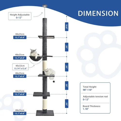 Vista 2 de Cat Craft Árbol para gatos de piso a techo, torre para gatos de 5 niveles de altura con altura ajustable (98-110), árbol para gatos de techo delgado
