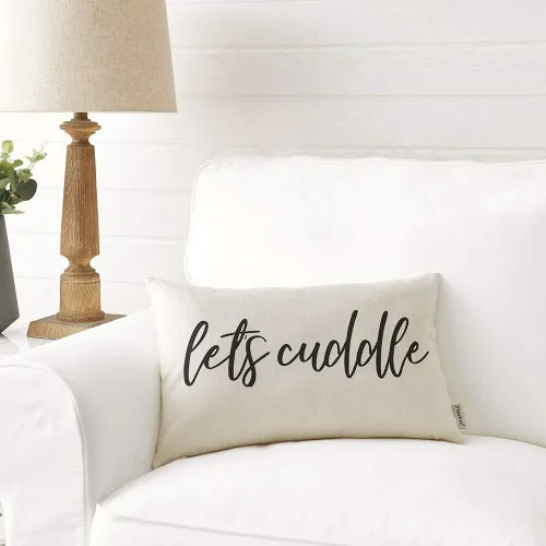 Vista 2 de Fundas de almohada de granja con cita Let's Cuddle de 12 x 20 pulgadas, decoración rústica de granja, fundas de almohada lumbar con texto en inglés