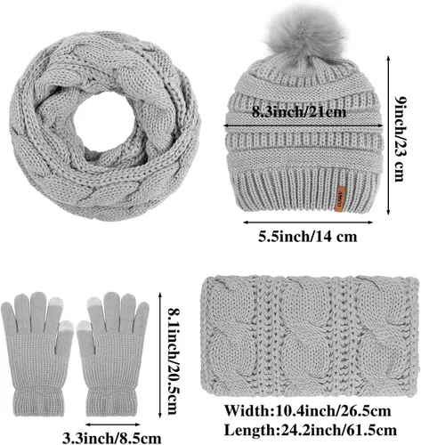 Vista 2 de Aneco Conjuntos cálidos de invierno para mujer, con pompones de piel de punto, gorro con lazo circular, bufanda para pantalla táctil, accesorios