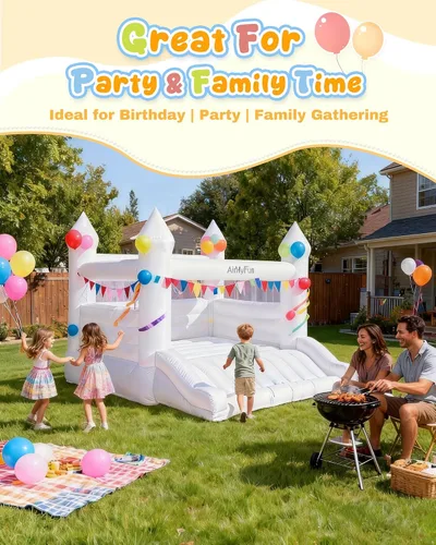 Vista 7 de AirMyFun Casa de rebote blanca para niños de 3 a 10 años, casa de rebote con soplador, tobogán y aro de bola, castillo inflable de salto