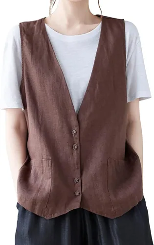 Vista 19 de COTECRAM Chaleco de lino de algodón para mujer, casual, sin mangas, con botones, ligero, para verano, holgado, ropa de abrigo