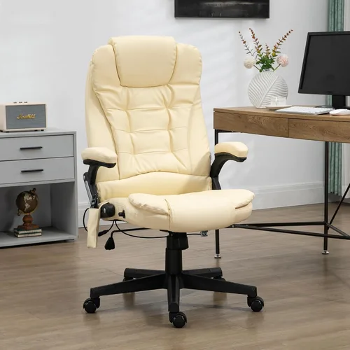 Vista 2 de HOMCOM, silla de oficina ejecutiva, ergonómica, piel sintética, con calor, masaje vibratorio., Cuero, Crema
