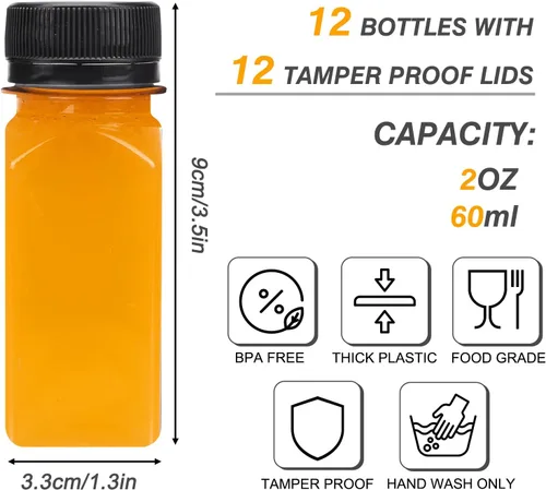 Vista 2 de TOMNK 12 botellas de plástico de 2 onzas con tapas, recipientes reutilizables transparentes a granel para bebidas de jengibre shot, jugo, leche