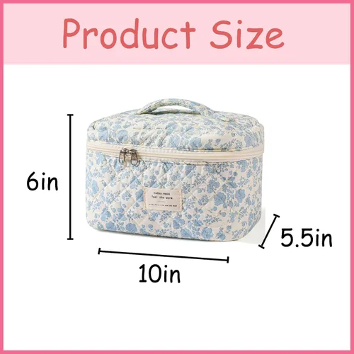 Vista 2 de uekeboag - Bolsa de maquillaje grande de viaje acolchada para mujer, neceser de algodón con estampado floral, neceser con estampado floral