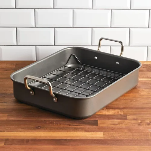 Vista 5 de Rachael Ray Bakeware Asador/Bandeja para Asar Antiadherente con Rejilla Reversible, 16.5 Pulgadas x 13.5 Pulgadas, Gris