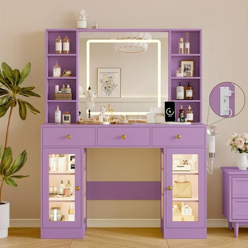 Vista 24 de Escritorio de maquillaje con espejo y luces, tocador negro de 43 pulgadas con parte superior de cristal, almacenamiento de joyas, 3 cajones