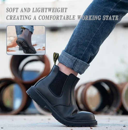 Vista 7 de NOLINSHIELD Steel Toe Boots for men,Slip-on Lightweight Working Boots,Safety,Leather,Comfortable,Puncture-Proof,Mechanic Work Boots