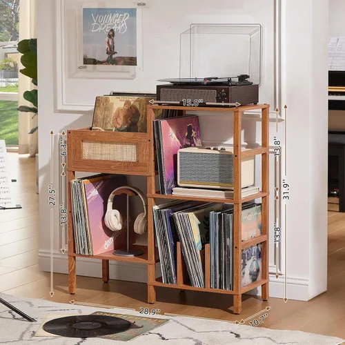 Vista 2 de LELELINKY Soporte para Tocadiscos, Soporte para Discos de Madera Marrón con Almacenamiento de Vinilo con Capacidad para hasta 300+ Álbumes, Mesa