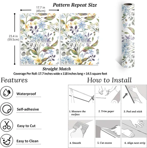 Vista 2 de VEELIKE Papel tapiz de flores de hortensias azules de 17.7 x 118 pulgadas, para despegar y pegar, papel tapiz floral de hojas de eucalipto