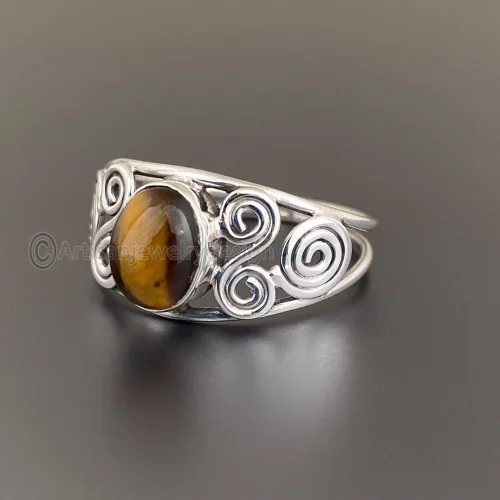 Vista 2 de Tiger Eye Ring Women, 925 Sterling Silver Ring, Handmade Tiger Ring, Minimalist Silver Ring, Tiger Gemstone Ring, Bohemian Ring Women, Tiger Oval