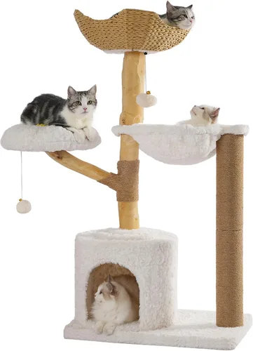 Vista 7 de Árbol para gatos moderno con hamaca de 48.5 pulgadas, torre para gatos con poste para rascar, con poste de madera real, gran cesta de ratán