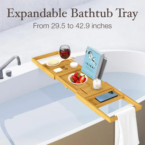 Vista 3 de Bambüsi Mesa de bandeja de bañera, plegable y ajustable, bandeja de bañera de bambú plegable, accesorios de bañera de madera, regalos únicos