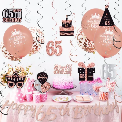 Vista 3 de WOJOGO Decoraciones de cumpleaños número 65 para mujer, kit de decoración de cumpleaños número 65 de oro rosa con pancarta, decoración de pastel
