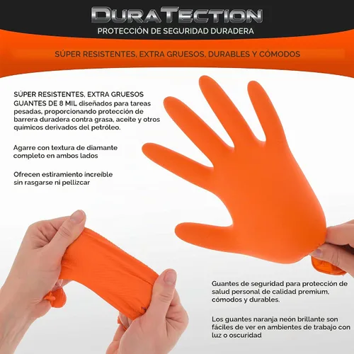 Vista 4 de Dura-Gold Duratection - Guantes desechables de nitrilo con textura de diamante, 8 mil color naranja