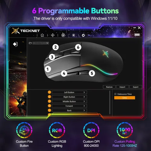 Vista 7 de TECKNET Ratón inalámbrico para juegos de tres modos, retroiluminado RGB Bluetooth 5.0/2.4G/USB-C Ratón ergonómico recargable con 6 botones