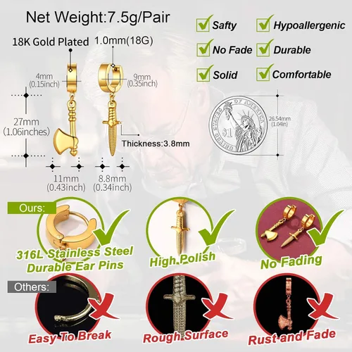Vista 3 de FaithHeart Aretes de aro Huggie para mujer, acero inoxidable, chapado en oro de 18 quilates, aretes colgantes de gota de AnkhCrossCandkBocina