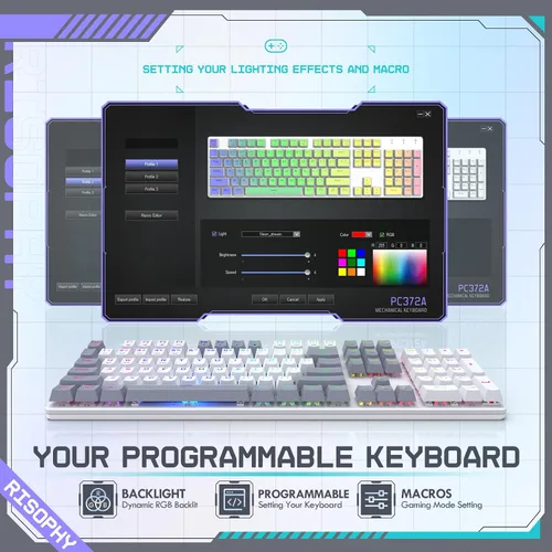 Vista 4 de Teclado mecánico inalámbrico, triple modo 2.4GUSB-CBluetooth para juegos, 104 teclas programables, retroiluminación RGB personalizable, interruptor