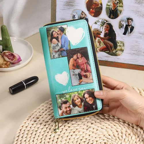 Vista 5 de Gemszoo Cartera de fotos personalizada para mujer, con nombre grabado y nombre, larga para tarjetas de crédito, con cremallera alrededor