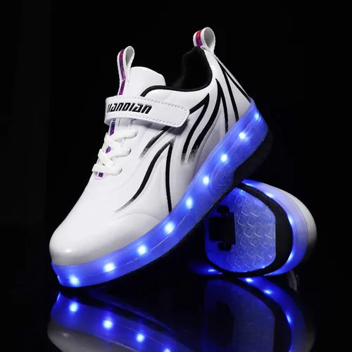 Vista 5 de Qneic Zapatillas de ruedas recargables por USB, zapatos de patinaje con ruedas para niños y niñas, zapatos iluminados para niños