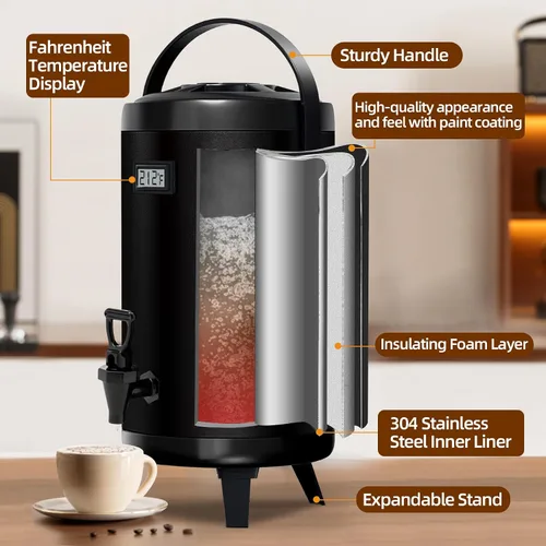 Vista 5 de Dispensador aislado de bebidas - Dispensador térmico de té frío y caliente - Acero inoxidable 12L/3.2 galones con espita para café caliente y té