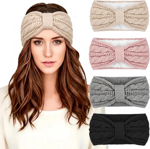 Vista 11 de Chalier Winter Headbands for Women, Crochet Ear Warmer Headband Beige/Negro/Gris Oscuro/Rojo