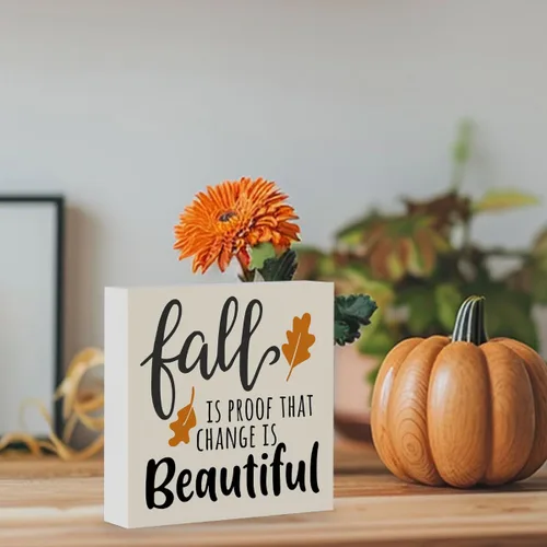 Vista 6 de Letrero rústico de madera con texto en inglés "Fall is Proof That Change is Beautiful", decoración de obra de arte de otoño y Acción de Gracias
