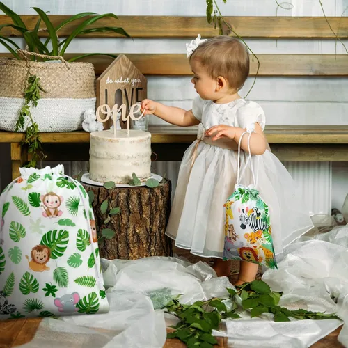 Vista 5 de 4 bolsas con cordón de safari de animales, regalos de selva, regalos de fiesta, bolsas de golosinas para baby shower, revelación de género