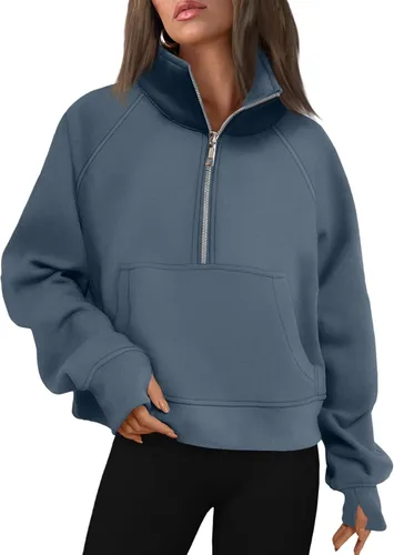 Vista 9 de AUTOMET Sudaderas con media cremallera para mujer, sudadera corta de vellón con cremallera de un cuarto, sudaderas con capucha para el otoño, a