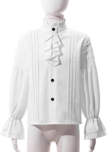 Vista 3 de Camisa de pirata para niños, blusa victoriana renacentista de vampiro, camiseta con cuello de vuelta, camiseta para fiesta de Halloween, Blanco B
