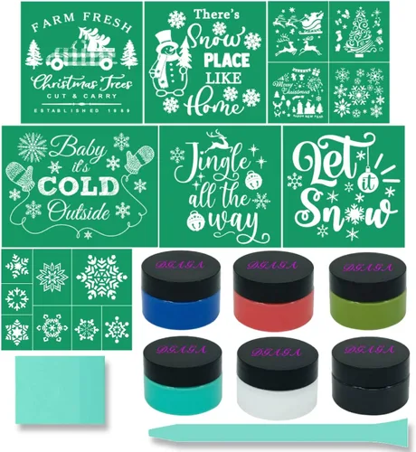 Vista 12 de DGAGA Plantillas de pantalla de seda de Navidad, reutilizables, autoadhesivas, Baby It's Cold Outer, plantillas de malla de tiza para decoración