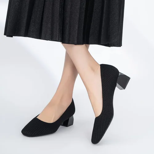 Vista 6 de youngshow Zapatos de tacón para mujer, cómodos tacones de punto para mujer, tacón grueso, puntera cerrada, sin cordones, para fiesta, oficina