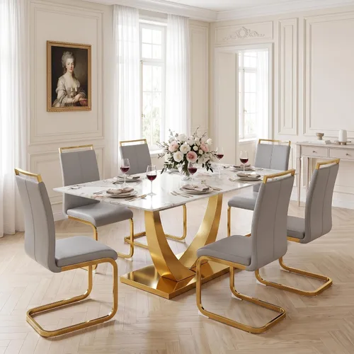 Vista 45 de Juego de mesa de comedor blanca para 6, 71 pulgadas, juego de mesa de comedor de mármol sintético para 6 Modern Dining Table Set for 6, Black PU