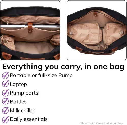 Vista 4 de Sarah Wells Abby - Extractor de leche, Negro, 1 Unidad (Paquete de 1) Fits All Portable Pumps, Structured, Insulated Pockets, Real Leather Straps