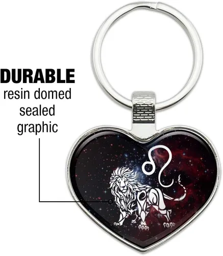 Vista 3 de GRAPHICS & MORE Leo Lion Zodiac Sign Horoscope in Space Keychain Heart Love Metal Key Chain Ring