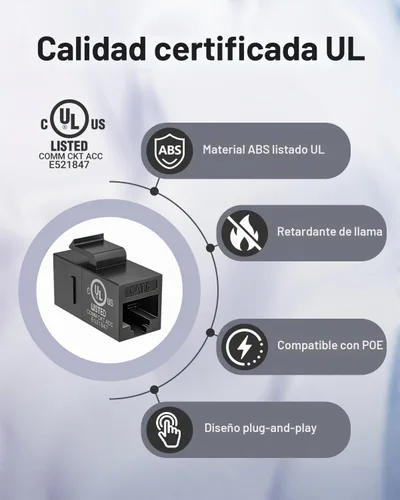 Vista 2 de VCE Acoplador Keystone CAT6 PoE con certificación UL, negro, paquete de 25
