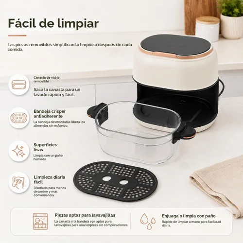 Vista 9 de Freidora de aire de 4.2 cuartos con cesta de vidrio y pantalla táctil, freidora eléctrica de aire caliente de 900 W, multifuncional, ventana