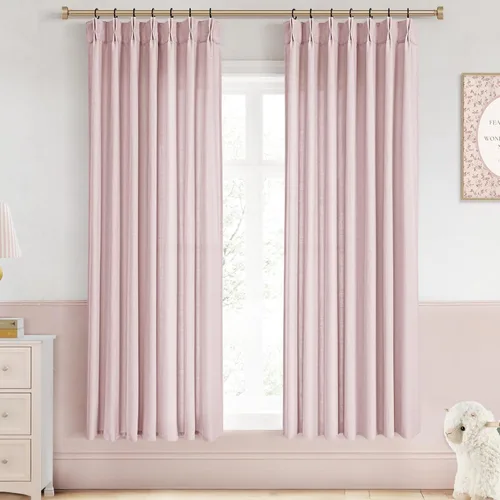Vista 50 de Cortinas de lino de 63 pulgadas, juego de 2 paneles para sala de estar, beige natural, cortinas con pliegues pellizco entrenadas con memoria
