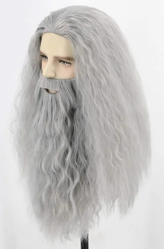 Vista 3 de Pelucas y barba para hombre, peluca larga de disfraz de Halloween gris