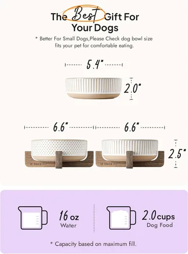 Vista 3 de LE TAUCI PET Juego de cuencos de cerámica para perros y gatos con soporte de madera de acacia, 2 tazas con peso antideslizante para alimentos y agua