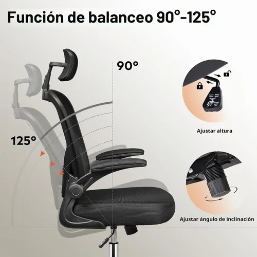 Vista 7 de DEVAISE Silla de Oficina de Respaldo Alto de Malla Ergonómica para Escritorio con Reposabrazos Abatibles, Reposacabezas Ajustable y Soporte Lumbar