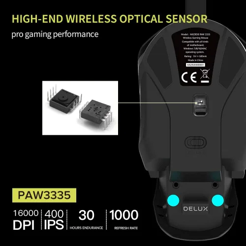 Vista 2 de DeLUX Mouse ergonómico inalámbrico para juegos con sensor PAW335 100 a 16000 DPI básicos personalizados batería recargable de 50 horas 7 botones