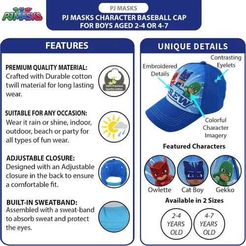 Vista 2 de PJ Masks Gorra de béisbol de algodón para niños con bordado (de 2 a 7 años)