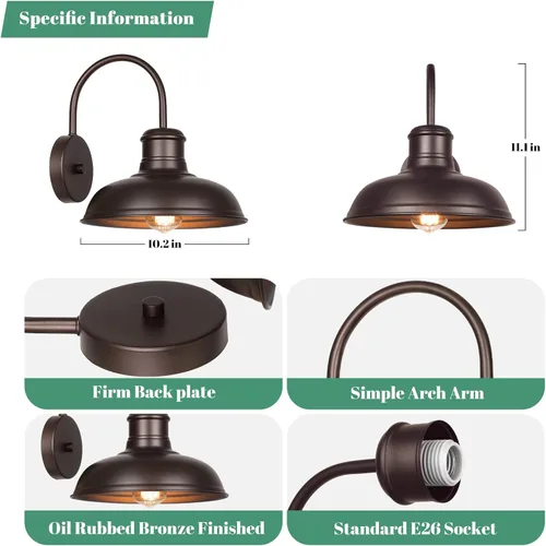 Vista 6 de Paquete de 2 luces de porche de cuello de ganso para exteriores, accesorios de luz de granero impermeables para montaje en pared, aplique de pared