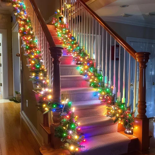Vista 4 de TW SHINE - Guirnalda de Navidad preiluminada de 9,1 m, decoraciones con 100 luces LED, guirnaldas artificiales de pino con 8 modos, guirnalda verde